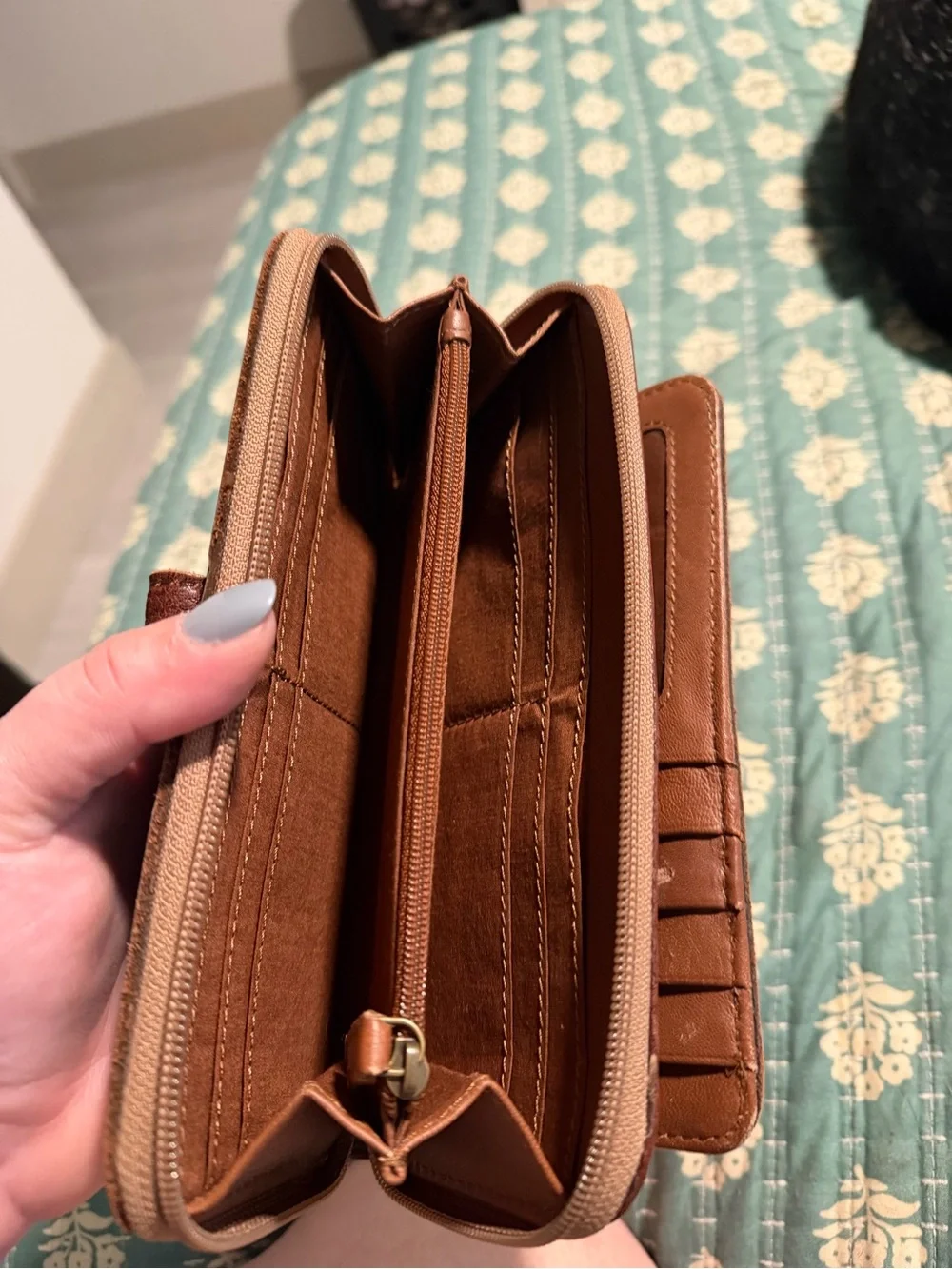 Brown Floral Tooled Leather Phone Wallet Case with Turquoise Accent